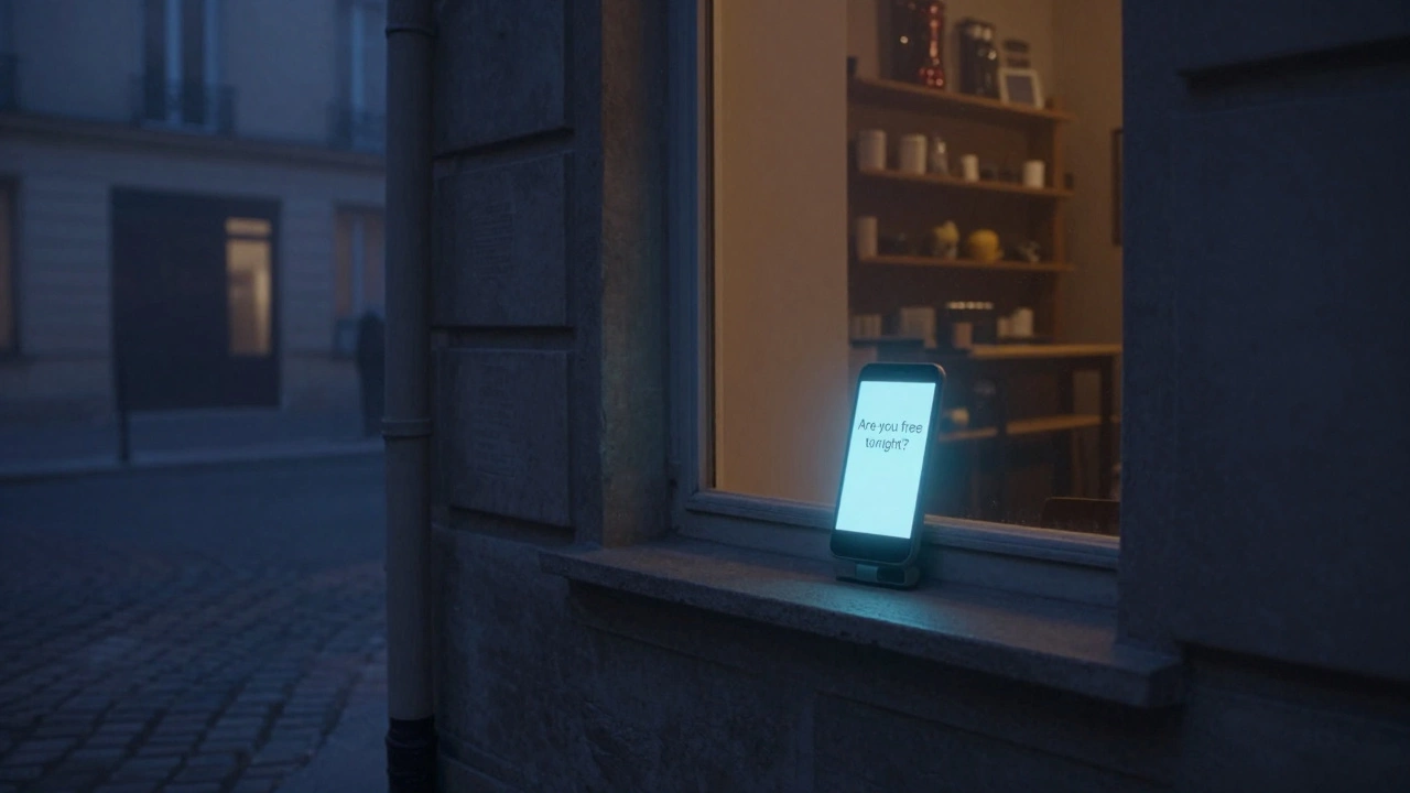 An encrypted phone glowing on a windowsill at night, with no people visible, just fog and quiet Paris streets outside.
