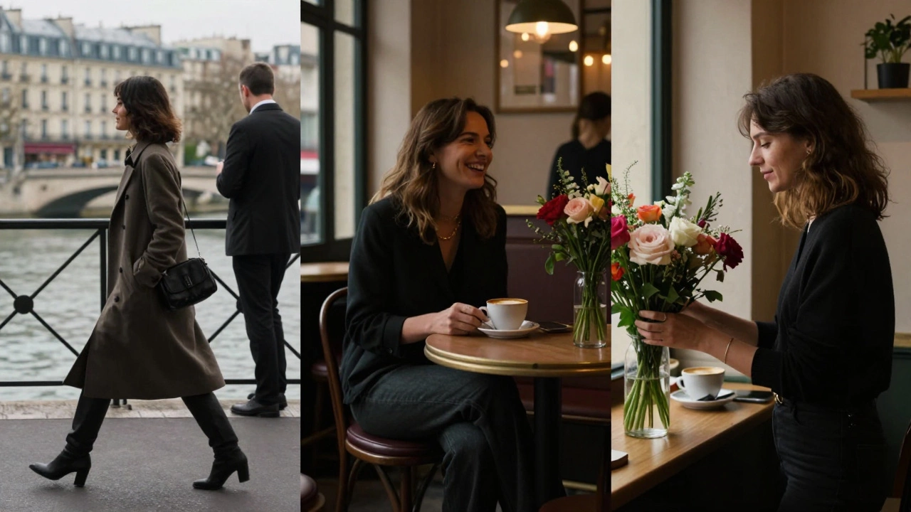 Three women in distinct Paris neighborhoods, each engaged in quiet moments of companionship under different city lights.